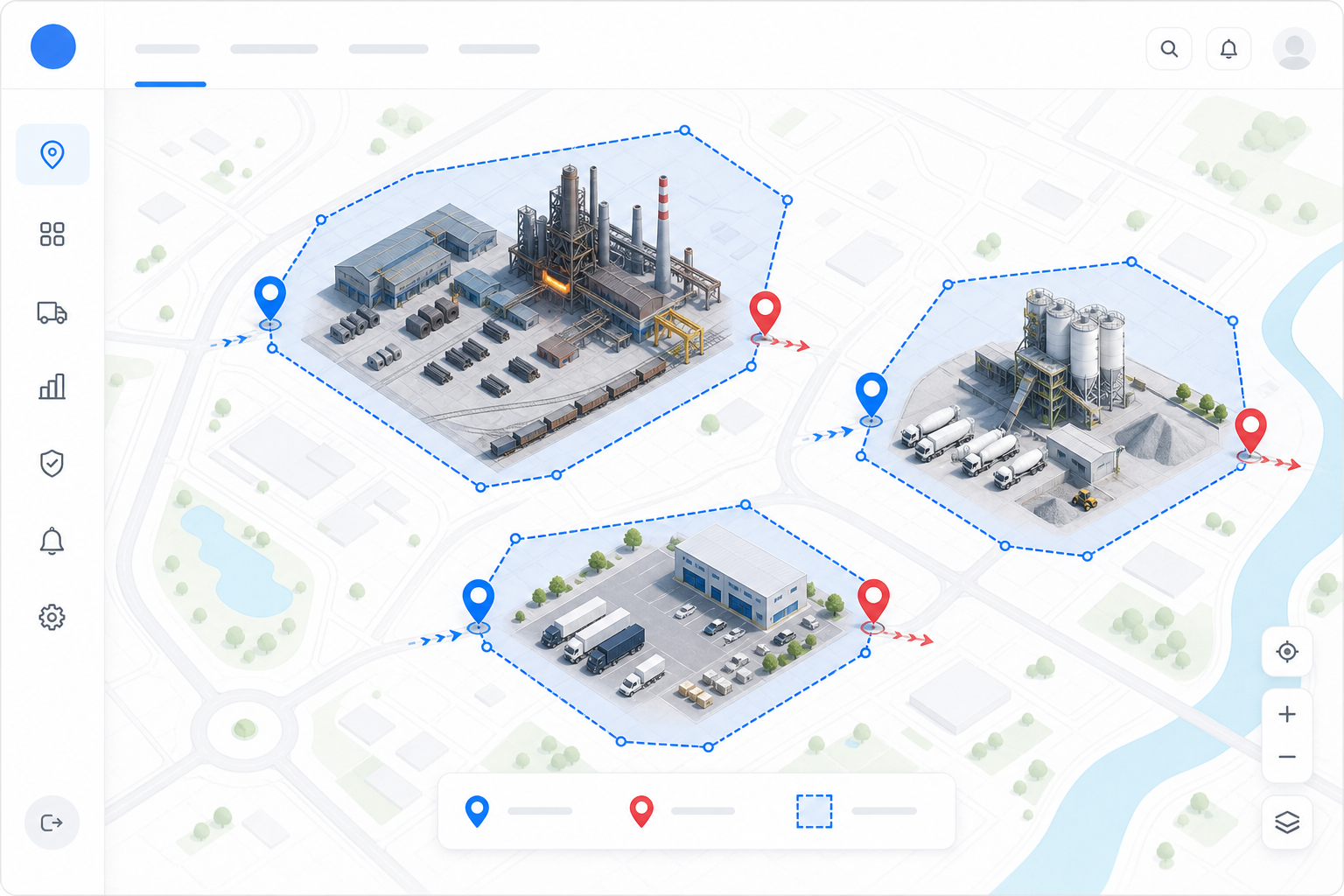 Geofenced steel plant and cement yard zones on fleet GPS map