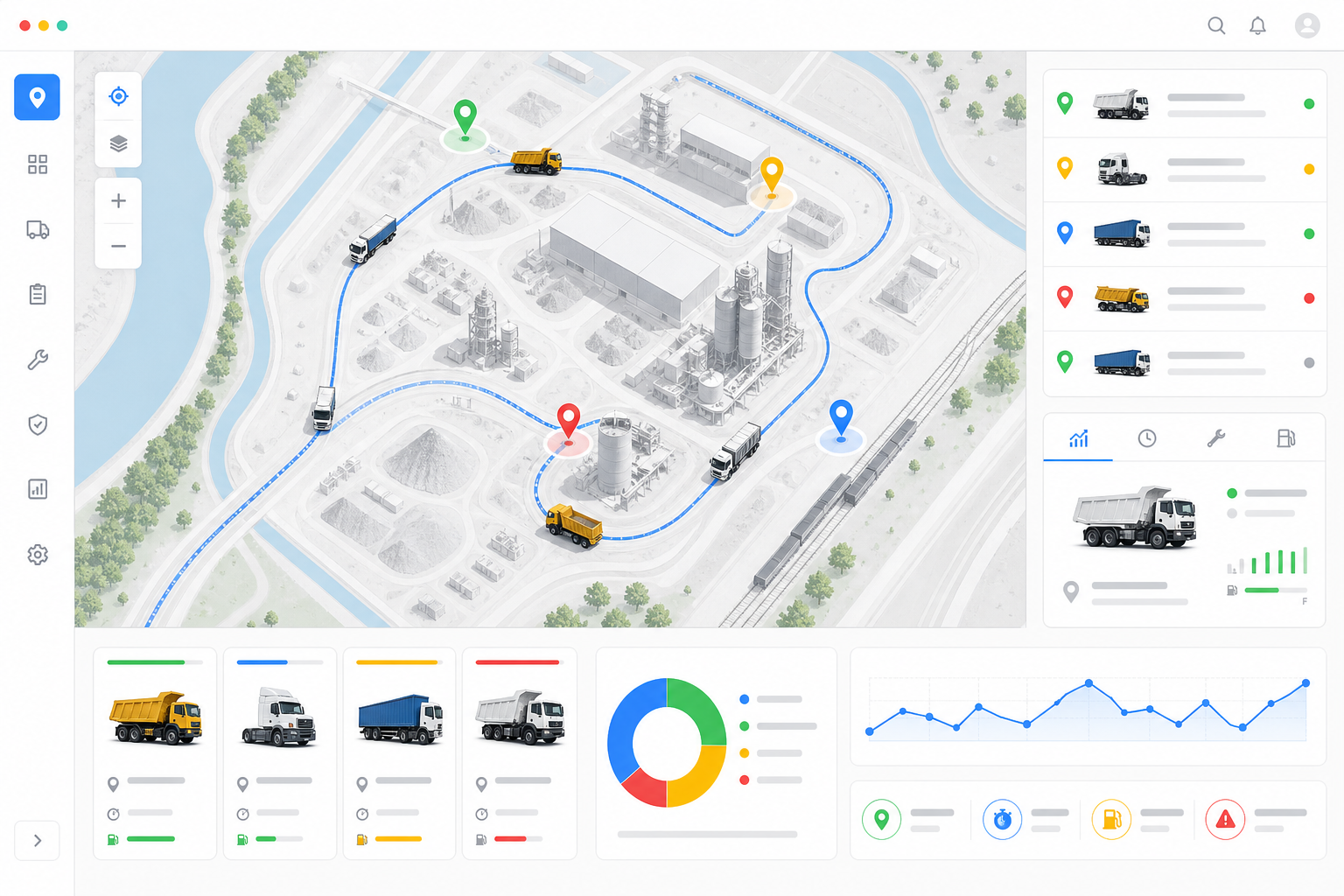 Live GPS fleet map for steel cement and heavy industry trucks at plant dispatch