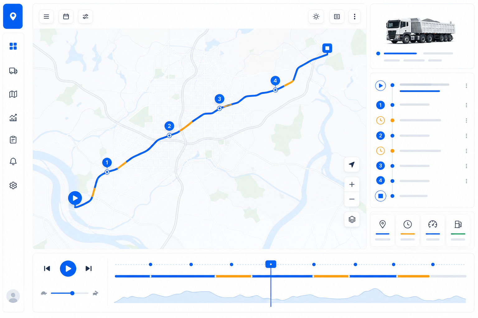 GPS route playback timeline for heavy industry commercial trip audit