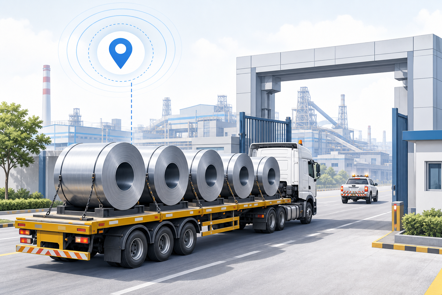 Steel and ISPAT coil transport on flatbed trailer with GPS tracking