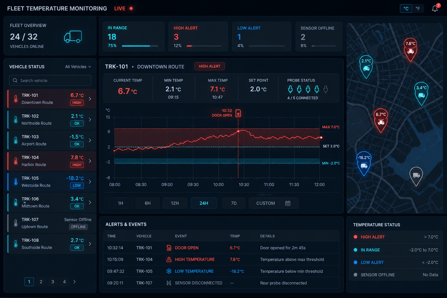 Fleet temperature monitoring dashboard with live sensor readings and GPS map