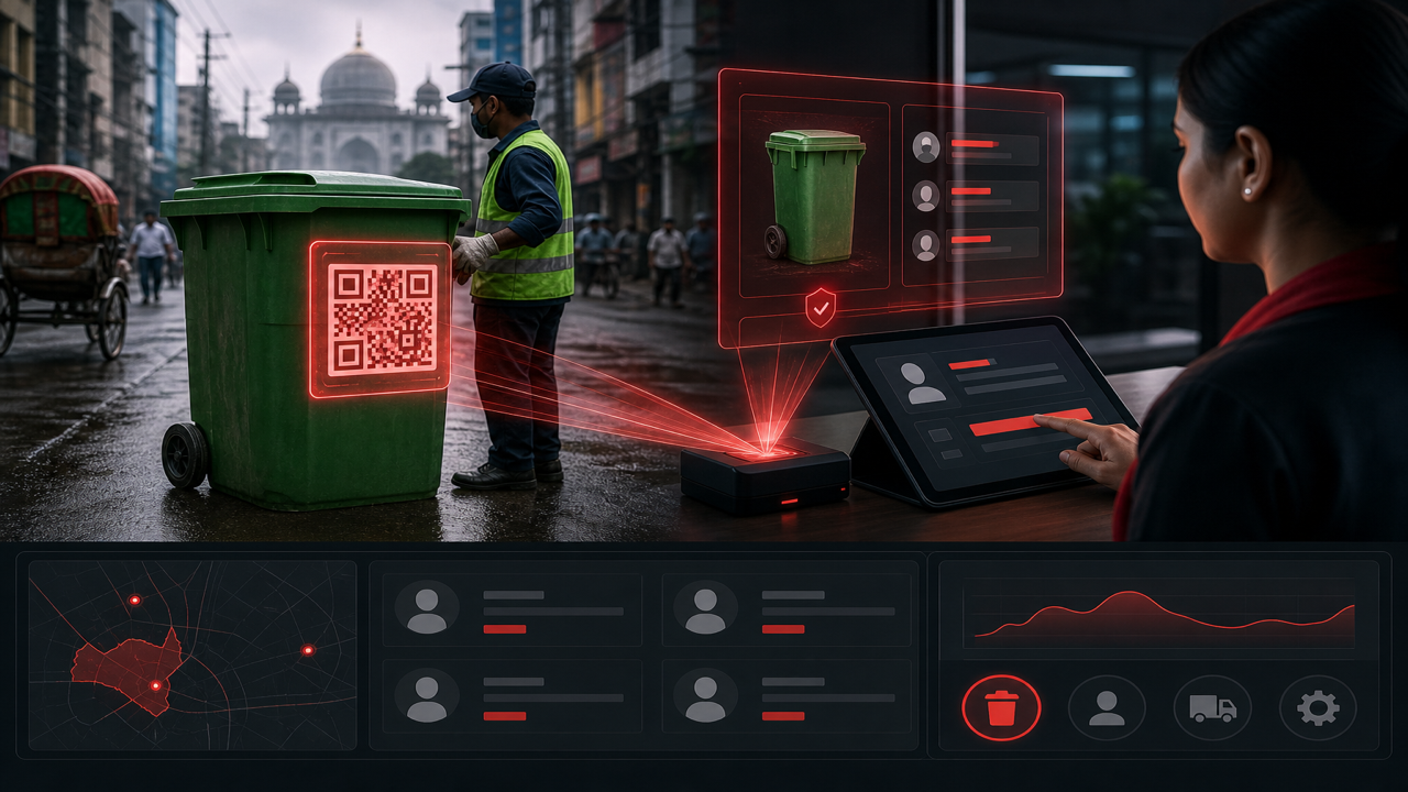 Waste bin module with QR code label generation on registered wheelie bins