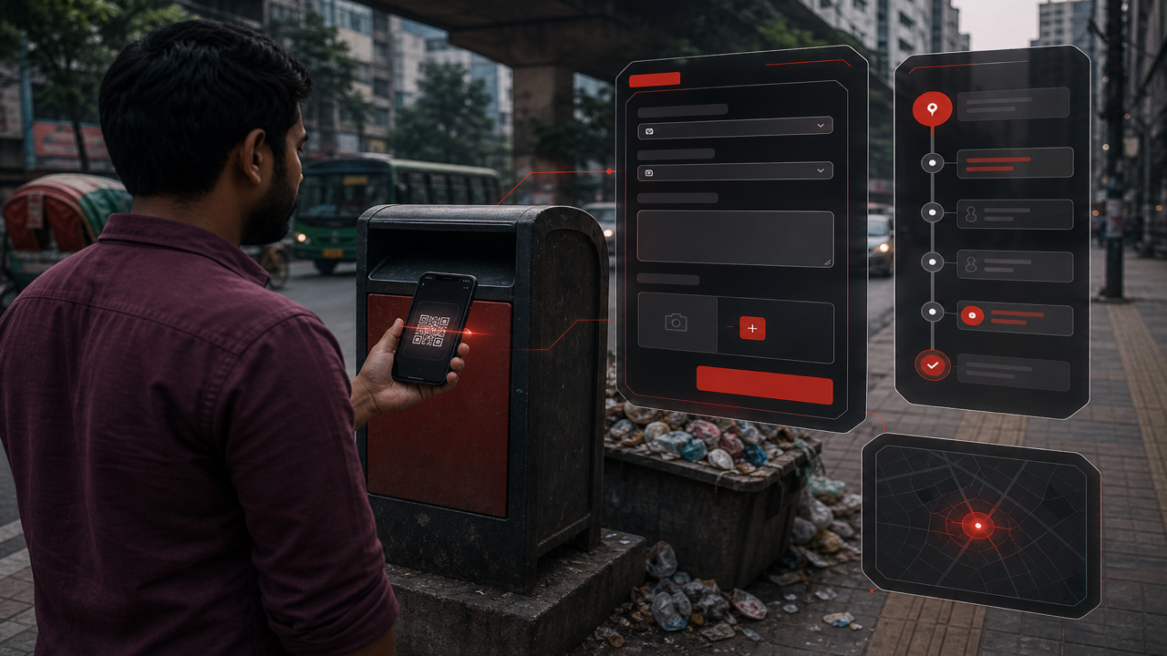 Citizen scanning bin QR code to submit waste collection request and complaint with history