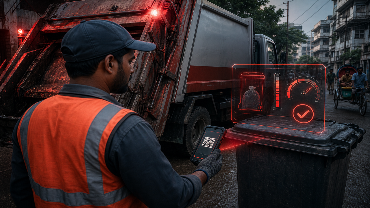 Garbage truck driver scanning bin QR and logging wastage collection on mobile app
