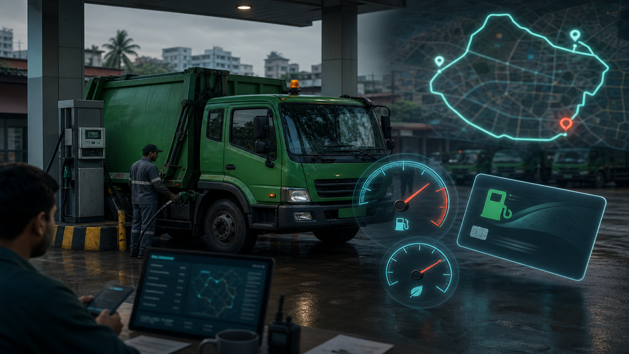 Waste fleet fuel control with km per litre gauge and pump voucher list