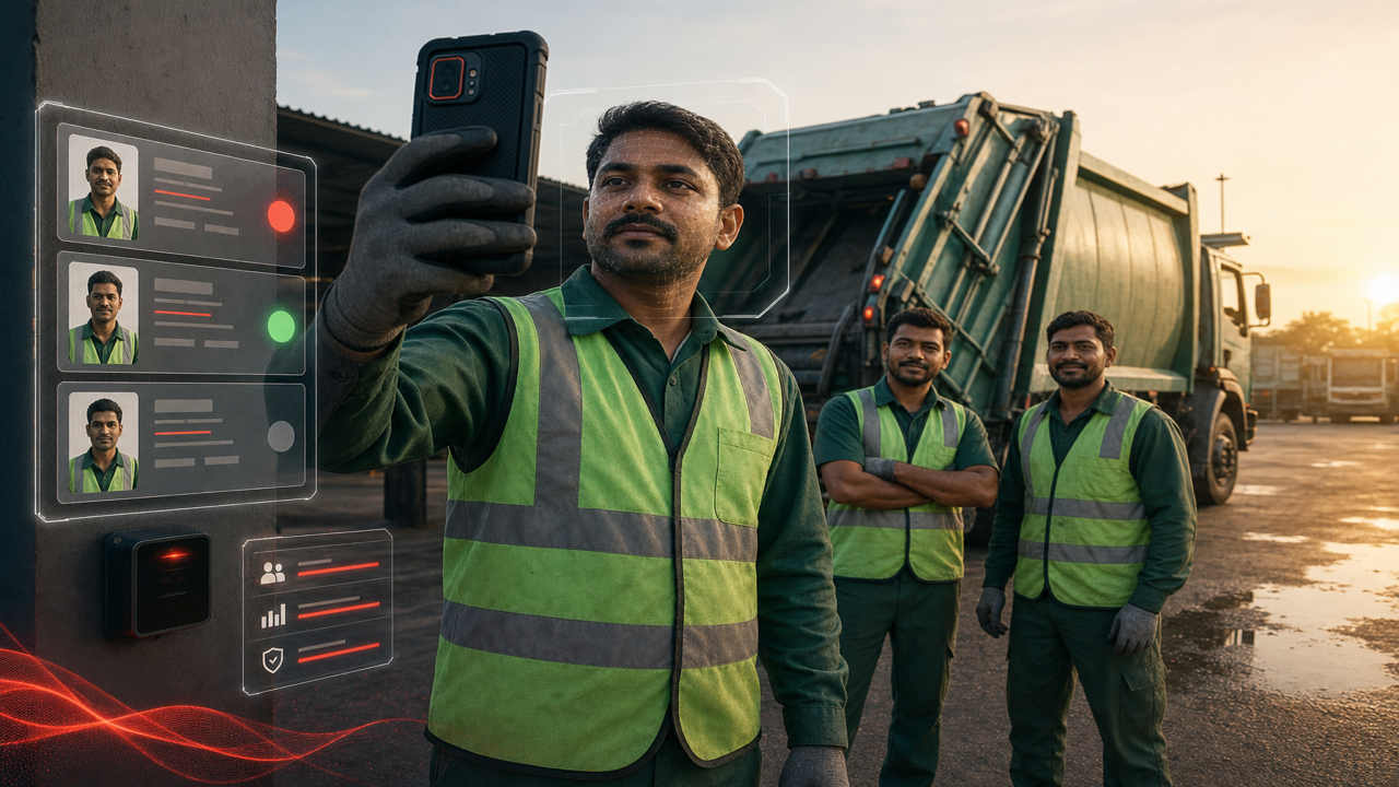 Waste collection driver and helper HR roster with selfie and punch attendance