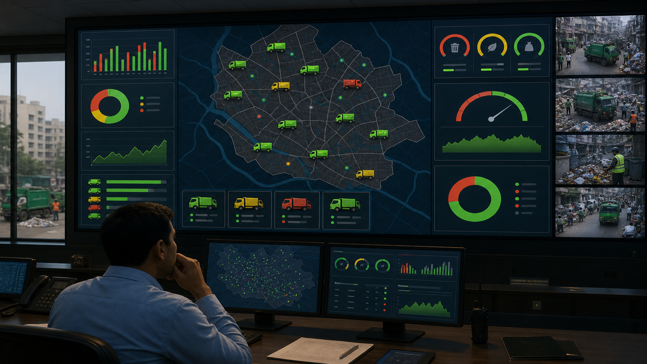 Real-time waste collection dashboard with live truck map and tonnage progress