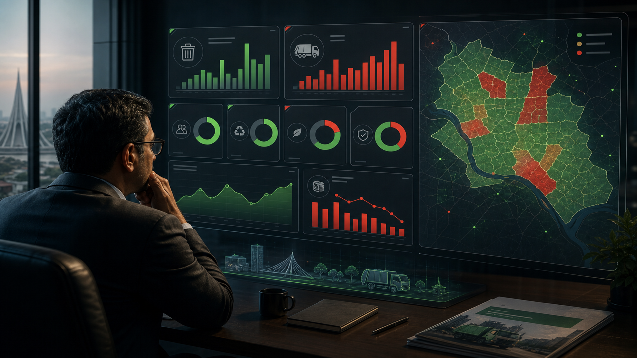 Waste management reports and dashboards with tonnage, coverage, and cost KPIs