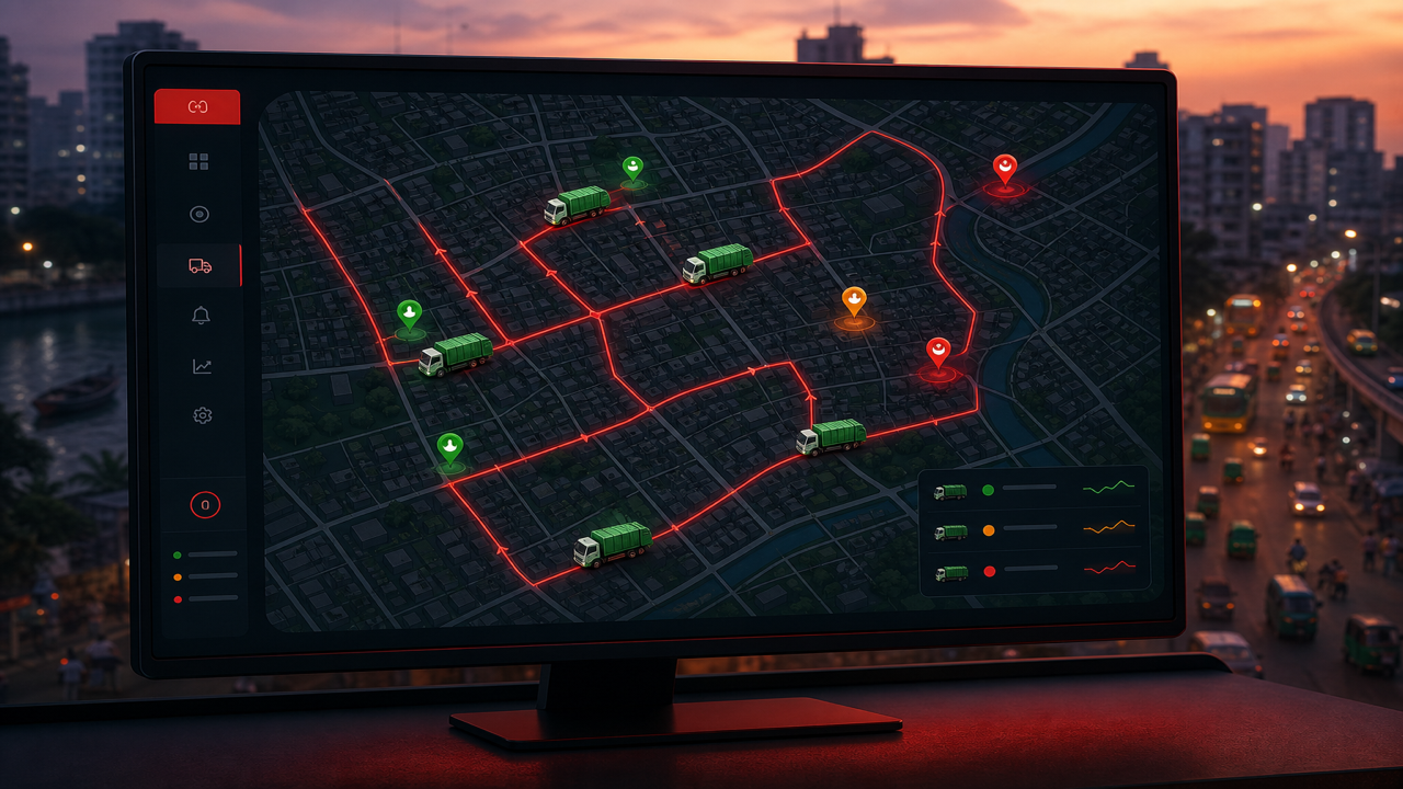 Waste fleet live tracking with ward map, collection trucks, and route status