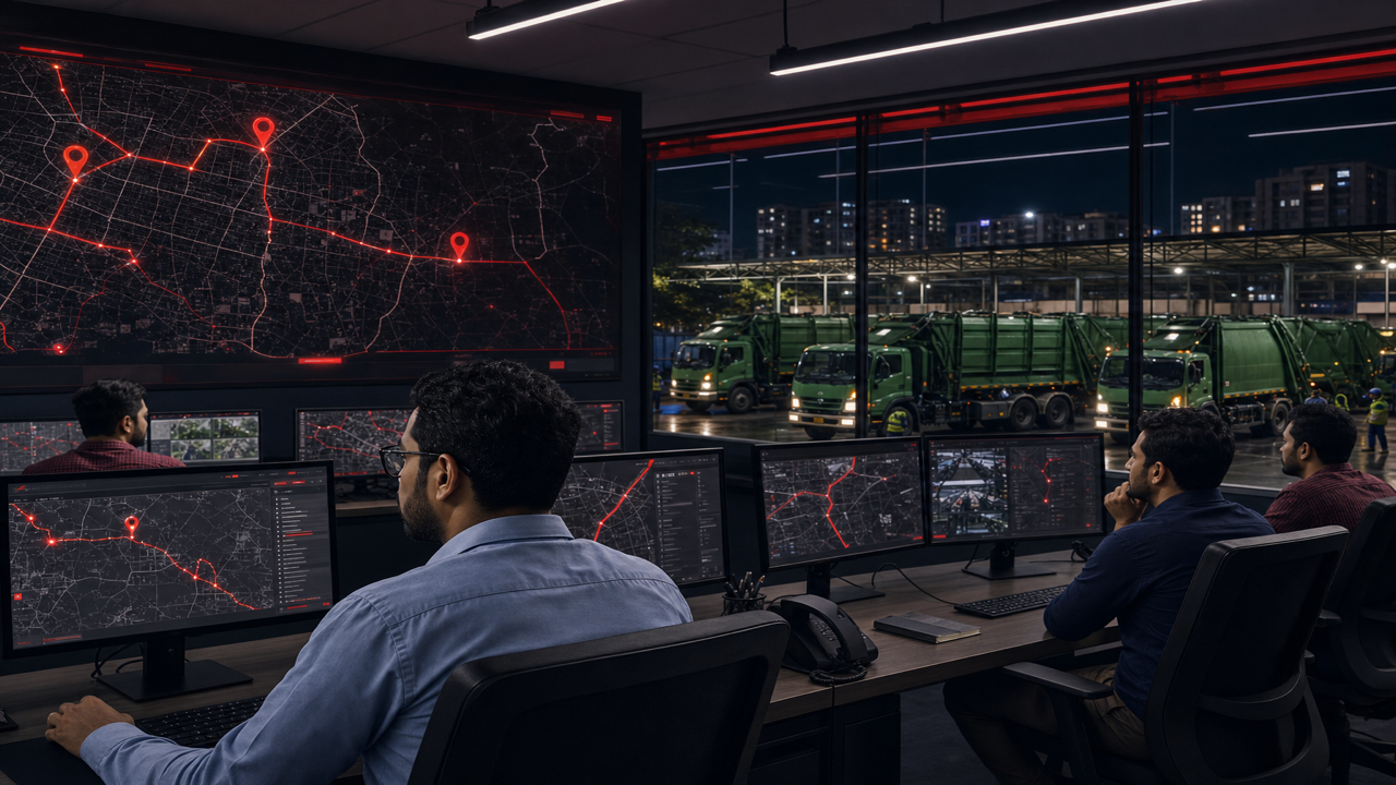 Waste management operations desk with live ward map, collection trucks, and citizen reporting
