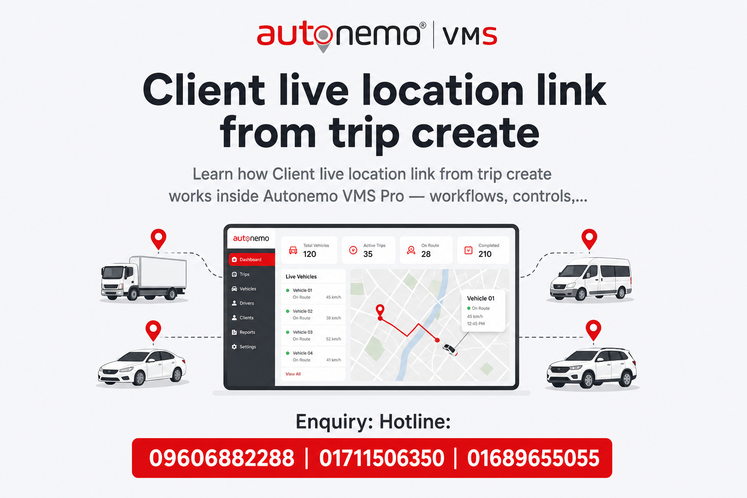 Client live location link from trip create in Autonemo VMS Pro — Fleet & Transport Guide