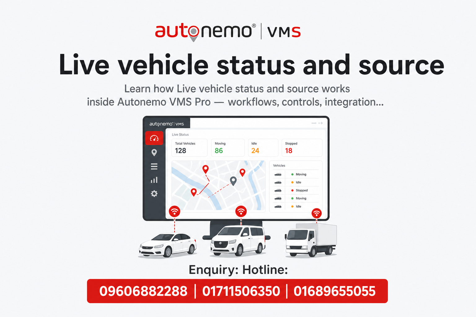 Live vehicle status and source in Autonemo VMS Pro — Fleet & Transport Guide