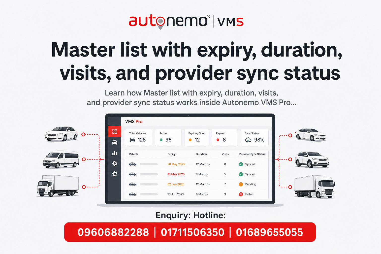 Master list with expiry, duration, visits, and provider sync status in Autonemo VMS Pro — Fleet & Transport Guide