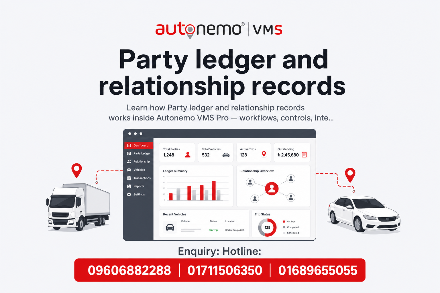 Party ledger and relationship records in Autonemo VMS Pro — Fleet & Transport Guide